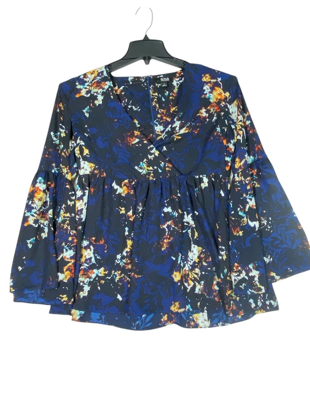 A.N.A. Floral Peplum Wrap Style Blouse Women's S Blue Black Bell Sleeves Flowy